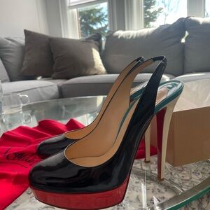 Christian Louboutin Black Patent Slingback Platform Pumps with Red Platform